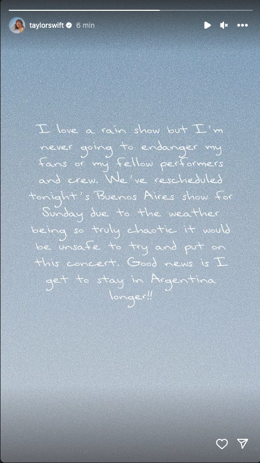 Mensaje de Taylor Swif tras la cancelación de su show del viernes