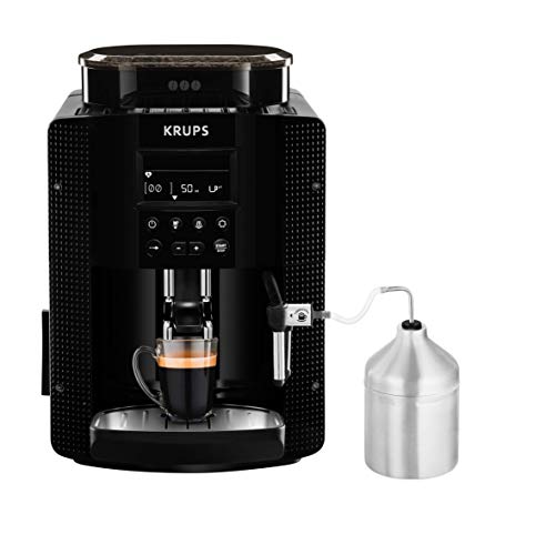Krups Essential EA81M8-Cafetera súper automática, Molinillo cónico de Metal, 1.7 l, Acero, Pantalla LCD + Acc. Leche
