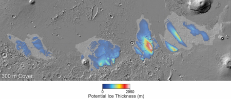 Mapa de los depósitos de hielo de agua de Medusae Fossae en Marte