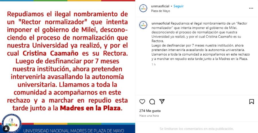 Comunicado de la Universidad de la Plaza de Mayo 20240725