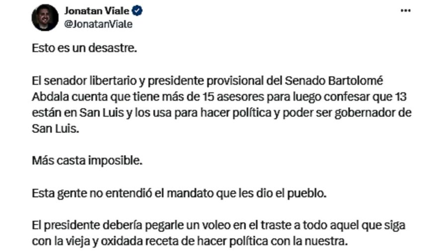 Tuit de Jonatan Viale contra Bartolomé Abdala 20240905