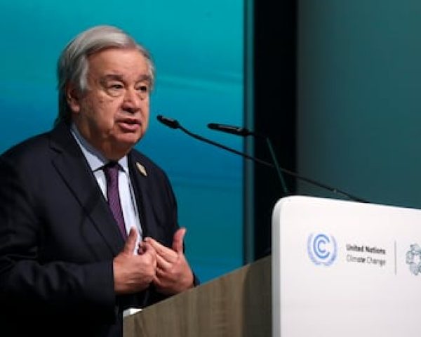 El secretario general de la ONU, António Guterres, durante su comparecencia este jueves en la sede de la COP29.