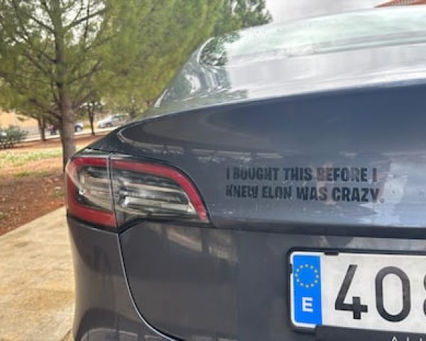 Pegatina de “Me lo compré antes de saber que Elon (Musk) estaba loco”, en inglés, en un coche Tesla en España, cedidas por un usuario.