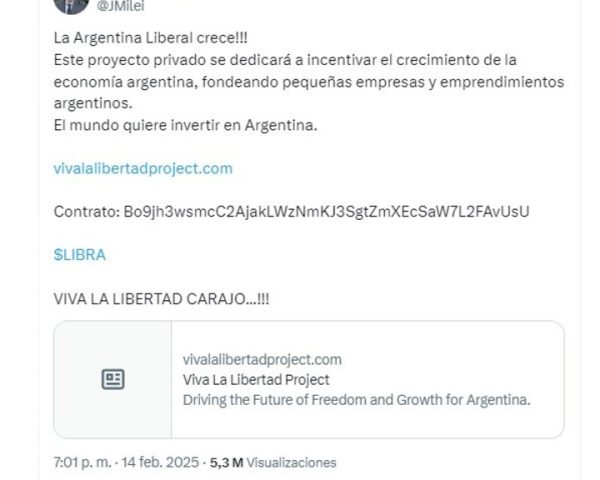 El mensaje en el perfil de X de Milei promocionando la criptomoneda $LIBRA